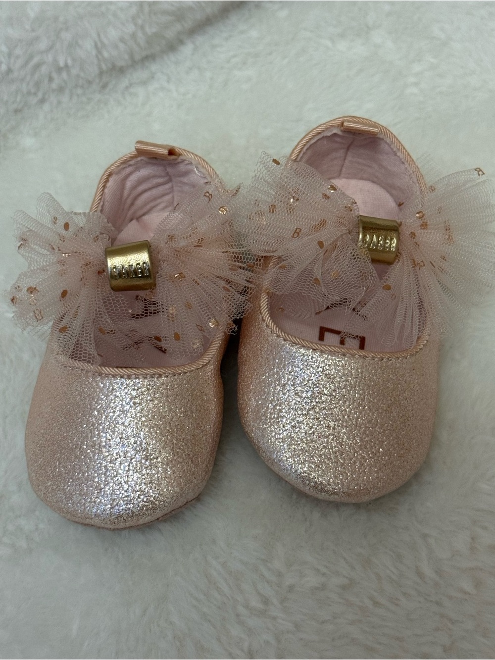 Ted Baker Glitter Ballet Flats with Tulle Bow - Rose Gold